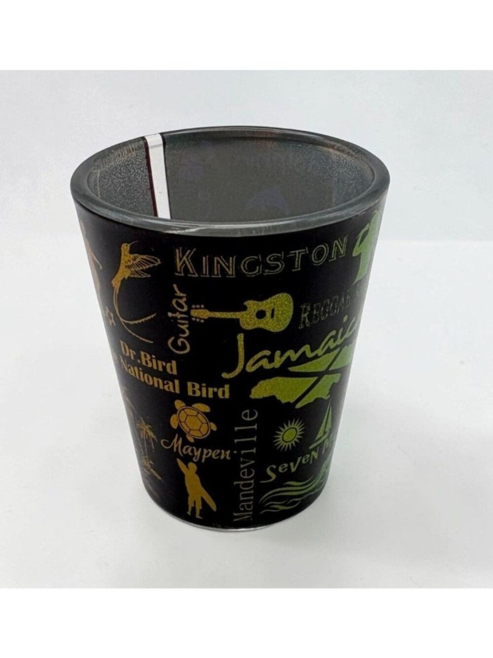 Vintage Jamaica Souvenir Shot Glass Landmarks Black with Glitter Colors Vibrant